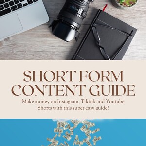 Può includere: Una grafica con il testo "SHORT FORM CONTENT GUIDE" in marrone su uno sfondo beige. Sotto il testo c'è la frase "Make money on Instagram, Tiktok and Youtube Shorts with this super easy guide!" in marrone. Lo sfondo è un cielo blu con una nuvola bianca e banconote in dollari che cadono.