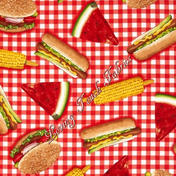 Robert Kaufman "Kiss The Cook" 15194-3 Red Summer Picnic Food Checked Fabric Priced Per 1/2 Yard