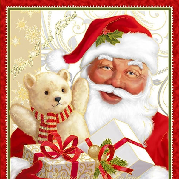 Gorgeous! Quilting Treasures Christmas "Jolly Old St. Nick" Teddy Bear Metallic Wall Hanging Fabric Panel 35" x 43"