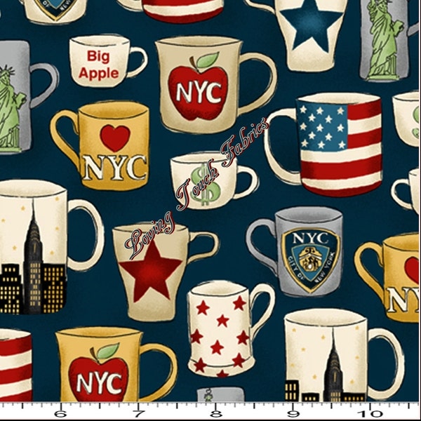 Makower UK "NYC Mugs" TP1072-1 New York Theme Small Coffee Cups Cotton Fabric Priced Per 1/2 Yd 18" x 44"