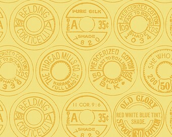 Riley Blake, J Wecker Frisch, "Best of She Who Sews", C1138-Yellow, Low Volumn Thread Spool Tops, Fabric, Priced @ 1/2 YD