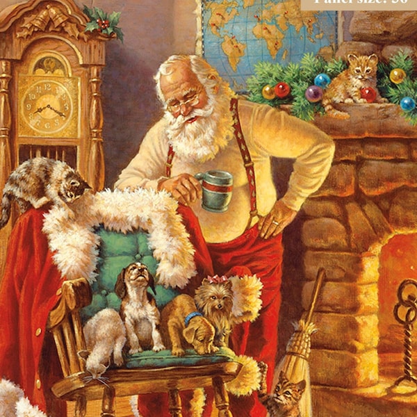 Riley Blake "A Classic Christmas" P9541-Santa Kittens Puppies Fabric Panel 36"x43"