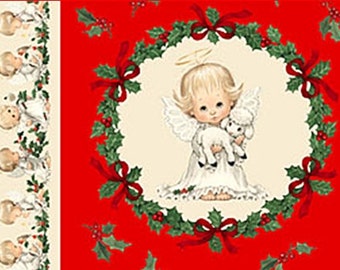 Elizabeth's Studio "Christmas Cherubs" #M4100 Cream Angels Fabric Panel 23"x 44"