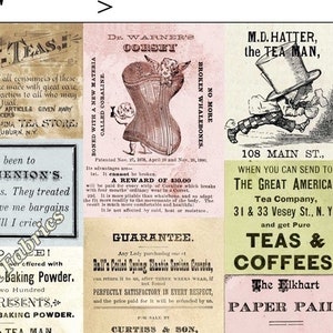 May include: A vintage-style collage featuring advertisements for teas, coffees, and general merchandise. The design includes text, illustrations, and a variety of fonts. The main advertisement is 11 inches high and 7.5 inches wide.