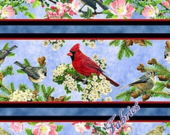 QT "Songs of Nature" 26365-B Cardinals Tossed Birds Floral Stripe Fabric (SELECT SIZE)