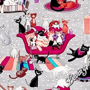 Benartex, Kanvas Studio, Kim Martin, &quot;Kitty Galore&quot;, 06395-11, Kat Lounge, Cats, Cotton Fabric Per 1/2 Yd.