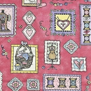 May include: A pink fabric featuring a repeating pattern of sewing-themed illustrations including sewing machines, dress forms, baskets, and spools of thread. A ruler at the bottom shows measurements in inches. Text includes "given with Heart" and "What is real..."