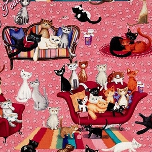 Benartex, Kanvas Studio, Kim Martin, &quot;Kitty Galore&quot;, 06395-22, Kat Lounge, Cats, Cotton Fabric Priced Per 1/2 Yd.