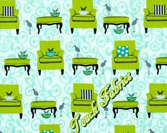 Robert Kaufman "Perfectly Perched" #12848 Chairs Tables Birds Cotton Fabric Priced Per 1/2 Yd.