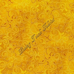 May include: A yellow fabric with a swirling pattern. The fabric has a subtle sheen and a textured surface.