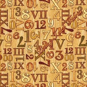 May include: A seamless pattern of various numbers and Roman numerals in different fonts and colors on a textured, beige background. The numbers are in shades of brown, orange, and green, and the background has a subtle woodgrain texture.
