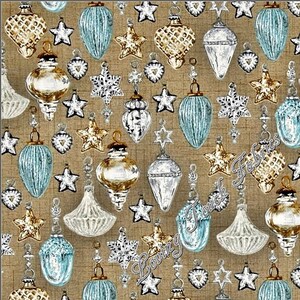 May include: A seamless pattern featuring a variety of vintage-style ornaments in shades of gold, silver, and blue. The ornaments are suspended from strings and are arranged against a beige background. The pattern is perfect for crafting projects, scrapbooking, and home decor.