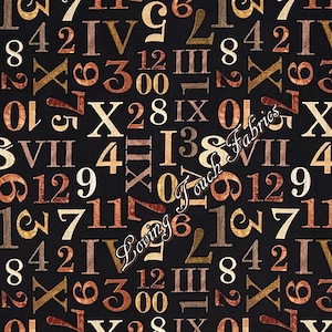 May include: A black fabric with a repeating pattern of various numbers and Roman numerals in gold, brown, and white. The numbers include 1, 2, 3, 4, 5, 6, 7, 8, 9, 10, 11, 12, and 28. The Roman numerals include I, II, III, IV, VII, VIII, IX, X, XI, XII, XIII, and XIV.