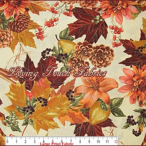 Large Print Benartex / Kanvas Studio &quot;Fauna Bouquet&quot; #05621-33B Fall Autumn Cotton Fabric Priced Per Yard