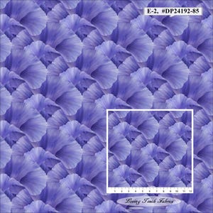 May include: A fabric pattern featuring a repeating design of stylized, overlapping blue-purple flower petals. The image includes the text "E-2, #DP24192-85" and a smaller inset showing a close-up of the pattern. The bottom right corner has the text "Loving Touch Fabrics".