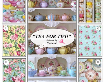 Northcott, "Tea For Two", Dishes, Cups, Teapots, Saucers, Hutch, Pattern 3003-10, Fabric Collection