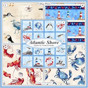 May include: A collage of fabric designs featuring coastal themes. Designs include lighthouses, crabs, lobsters, seabirds, and the text "Atlantic Shore Fabrics by Northcott Studio". The color palette includes blue, red, and beige.