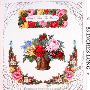 Op de afbeelding: Een witte stof met een bloemenpatroon. Het patroon toont een mand gevuld met roze, rode en gele rozen, blauwe vergeet-mij-nietjes en groene bladeren. De stof is omzoomd met een bruin, golvend patroon. De tekst "Home is Where The Heart is" is gedrukt op een banner boven de mand. De stof meet 21 inch breed en 23 inch lang.