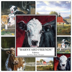 Riley Blake &quot;Barnyard Friends&quot; Longhorn Cow Dogs Barn Fabric Panels