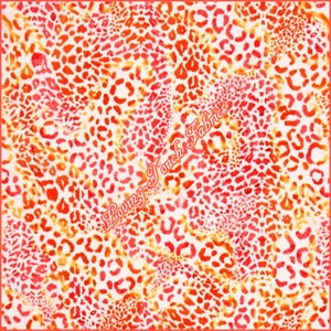 May include: A square fabric with a vibrant leopard print design. The pattern features orange and red spots on a white background. The text "Loving Touch Fabrics" is diagonally across the fabric.