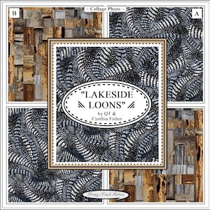 May include: A collage of fabric featuring a black and white patterned design with a blue and white accent. The fabric is titled "Lakeside Loons" by QT & Cynthia Fisher. The fabric is from Loving Touch Fabrics.