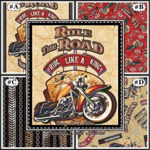 May include: A fabric design featuring a motorcycle theme with the text Rule The Road and Ride Like A King. The patterns include a large motorcycle on a map background, a red motorcycle repeat pattern, a black and grey chain design, and a map print.