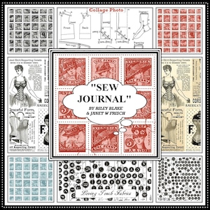 May include: A collage of vintage images featuring sewing patterns, postage stamps, and advertisements for corsets. The text "Sew Journal" by Riley Blake & Janet W Frisch is featured in the center of the collage.