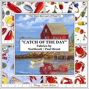 May include: A red and white striped buoy, a red lobster, a lemon, and a red crab are featured on a blue and white fabric with a white background. The fabric is part of a collection called "Catch of the Day" by Northcott / Paul Brent.