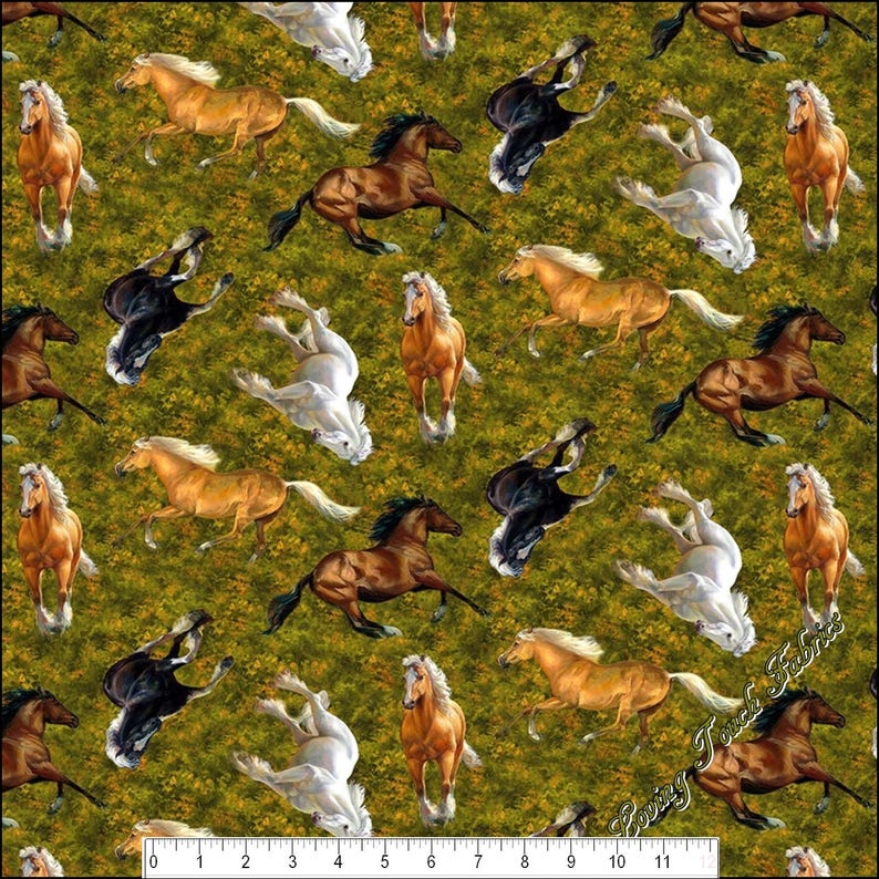 Northcott Wild And Free 21855-74 Green Tossed Horses Western Southwest Fabric Pricer Per 1/2 Yard image 1