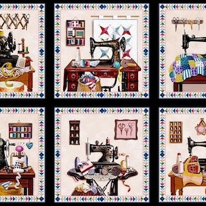 May include: A fabric panel featuring six framed images of vintage sewing machines and sewing supplies. Each image includes a sewing machine, spools of thread, and other sewing notions. The panel is 23.5 inches by 43 inches.
