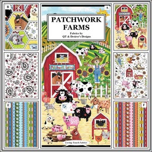 May include: A patchwork fabric design featuring farm animals, barns, and sunflowers. The central image displays a red barn with a horse head, surrounded by cows, pigs, and sheep. Other panels show paisley, geometric, and farm-themed patterns.
