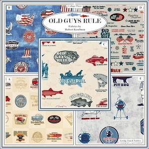 May include: A collage of fabric swatches with an "Old Guys Rule" theme. Designs include American flags, vintage cars, fishing illustrations, and barbecue graphics. The fabrics are by Robert Kaufman.