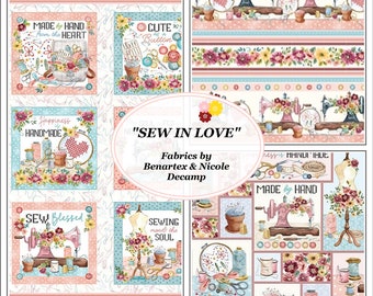 Benartex, "Sew In Love", Nicole Decamp, Notions, Sewing Machines, Words, Fabrics