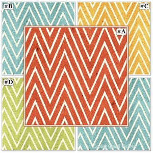 May include: Four fabric swatches with a chevron pattern. The swatches are in the colors blue, yellow, red, and green. The swatches are labeled with the letters A, B, C, and D.