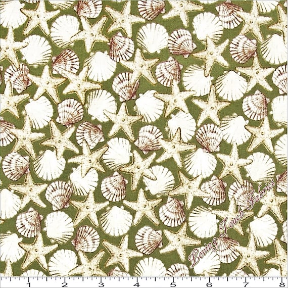 Star Fish Sea Shells Fabric Seaside Fabric in Green From Quilting Treasures