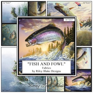Riley Blake &quot;Fish And Fowl&quot; Trout, Bass, Fly Fishing Fabric Panels 36&quot;x43&quot;