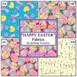 QT Turnowsky "Happy Easter" Eggs Chicks Rabbits Words Fabrics (Selection) Priced Per 1/2 Yd.