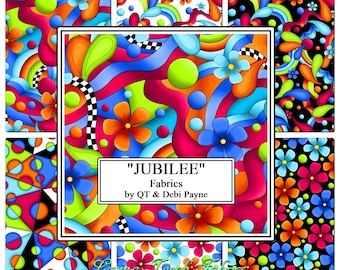 May include: A collection of six fabric swatches featuring a colourful, abstract design with flowers, circles, and swirls. The fabrics are titled "JUBILEE" Fabrics by QT & Debi Payne.