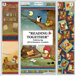 May include: A collage of fabric designs featuring a whimsical illustration of a girl reading a book under a tree with an owl and a cat. The text "READING TOGETHER" is featured in a speech bubble. The fabric designs are titled "Collage Photo" and "Loving Touch Fabrics".