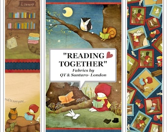 Puede incluir: Un collage de diseños de telas con una ilustración caprichosa de una niña leyendo un libro bajo un árbol con un búho y un gato. El texto "READING TOGETHER" aparece en un bocadillo de diálogo. Los diseños de telas se titulan "Collage Photo" y "Loving Touch Fabrics".