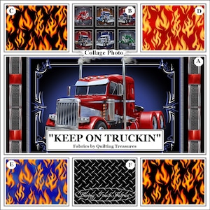 Quilting Treasures, "Keep On Truckin", Semi Trucks, Flames, Fabrics
