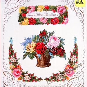 Op de afbeelding: Een witte achtergrond met een bruine rieten mand gevuld met een verscheidenheid aan kleurrijke bloemen. De mand is omringd door een bloemenkrans met roze, rode en witte bloemen. De tekst "Home is where the heart is" staat op een banner boven de mand.