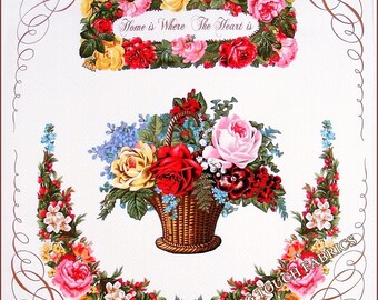 Windham, Williamsburg, "Home Sweet Home", Floral Baskets, Cotton Fabric, Panels 21"x23" Ea (Make a Selection)