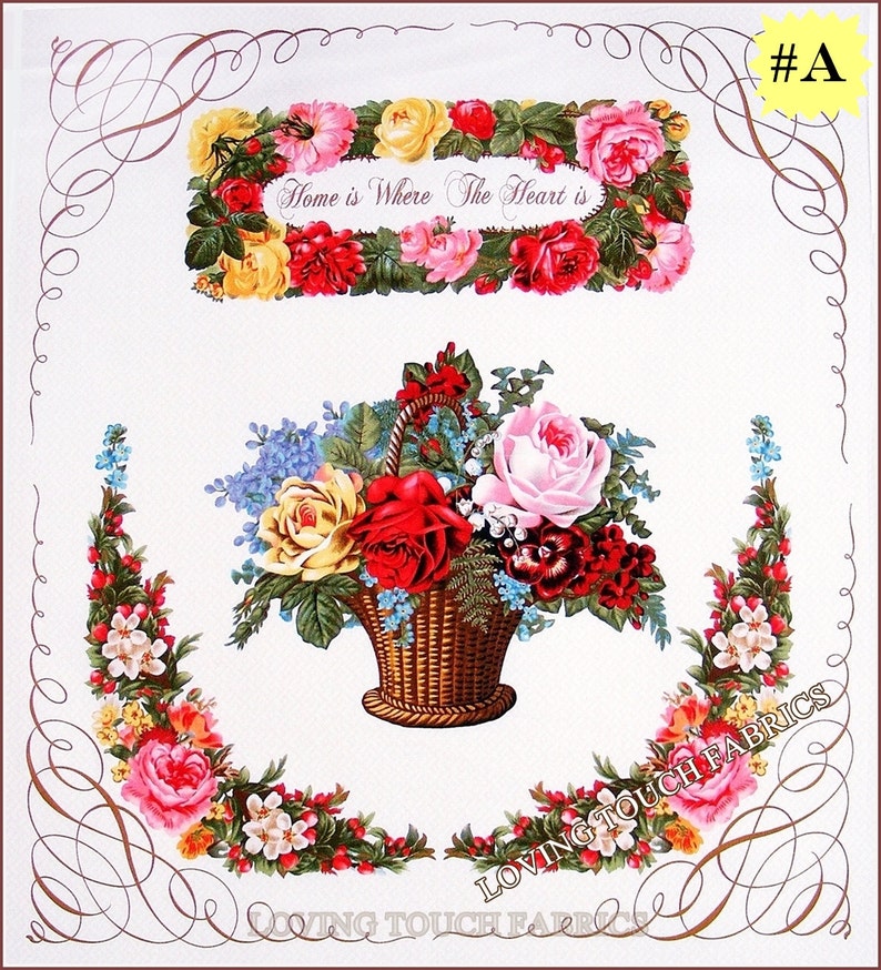 Op de afbeelding: Een witte achtergrond met een bruine rieten mand gevuld met een verscheidenheid aan kleurrijke bloemen. De mand is omringd door een bloemenkrans met roze, rode en witte bloemen. De tekst "Home is where the heart is" staat op een banner boven de mand.