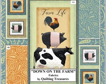 May include: A collage of images with a farm theme. The main image shows a rooster standing on a pig standing on a cow. The text "Farm Life" is above the animals. The text "DOWN ON THE FARM" is below the animals. The text "Fabrics by Quilting Treasures" is below the text "DOWN ON THE FARM".