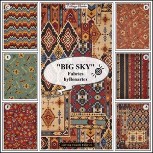 May include: Collage of fabric swatches with geometric patterns in shades of red, blue, yellow, and brown. The text "BIG SKY" Fabrics by Benartex and "Loving Touch Fabrics" is visible.