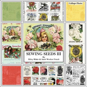 May include: A collage of vintage seed packets featuring illustrations of flowers, a girl, and a sunflower. The text on the packets reads "Sewing Seeds III" and "Lippincott Sewer Seeds".