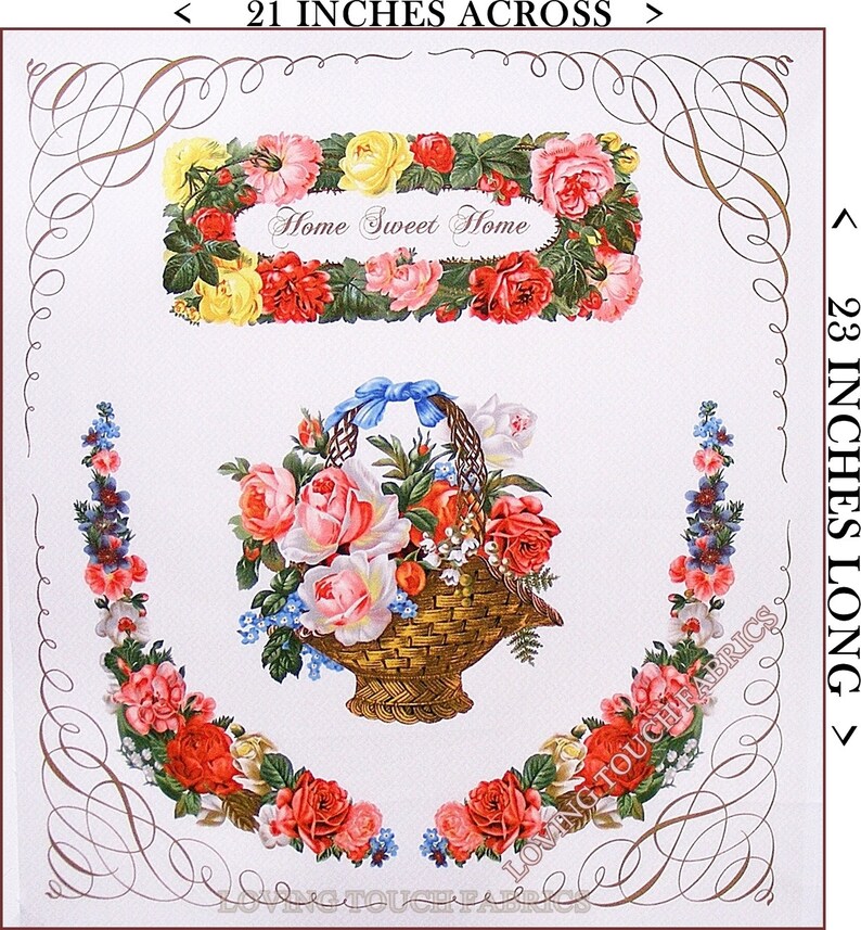 Op de afbeelding: Een wit stoffen paneel met een bloemenmotief. Het paneel heeft een mand met rozen, een krans van rozen met de tekst "Home Sweet Home" en twee bloemmotieven. Het paneel is 53,3 cm breed en 58,4 cm lang.