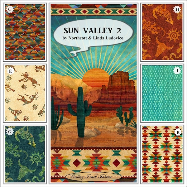 Northcott, "Sun Valley 2", Linda Ludovico, Southwest, Kokapelli, Cactus, Fabrics