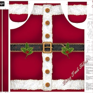 May include: A fabric panel for a Santa apron featuring a deep red base with white faux fur trim, five brown buttons, and a black belt with a gold buckle. The design includes two pockets and holly leaf accents with red berries on each side of the belt.